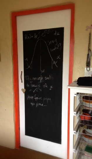 Recognise the door of the mathematician by the equation, of the French by the, hum, french writing,  and of the children by the half-erased markings.